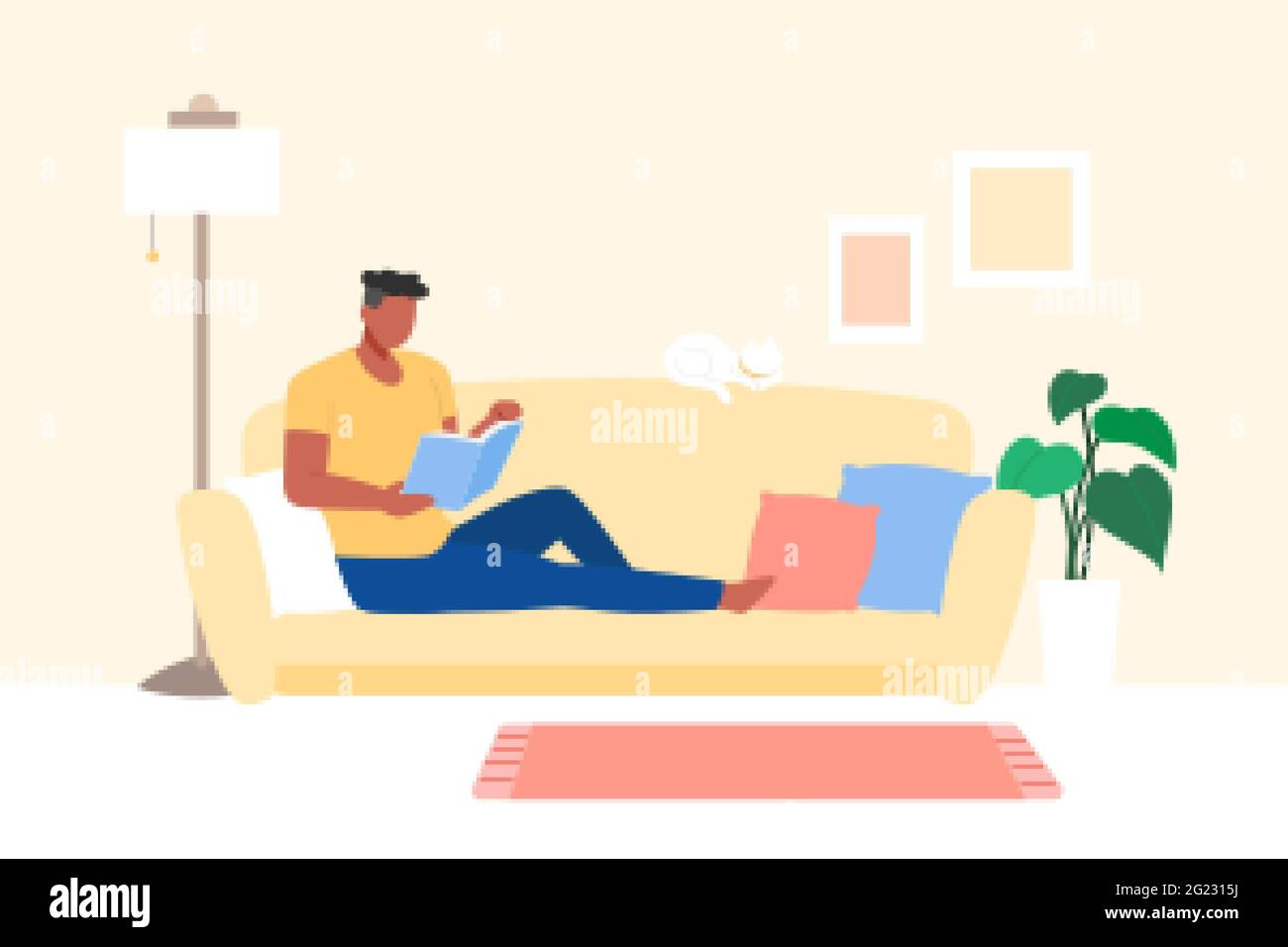 Homme se reposant sur un canapé dans le salon et livre de lecture, illustration de style plat. Homme appréciant son temps libre à l'intérieur Illustration de Vecteur