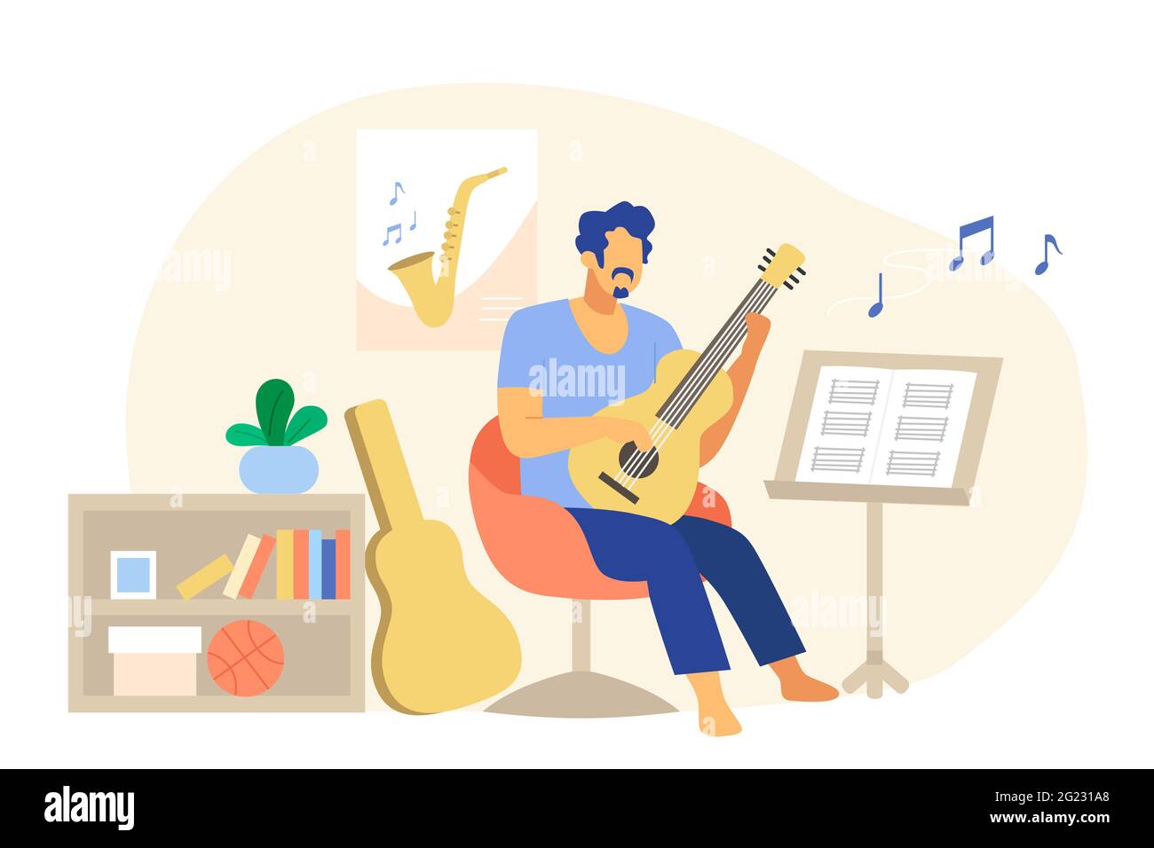 Illustration de style plat d'un homme jouant de la guitare en utilisant des  notes musicales à la maison. Homme restant à la maison apprenant à jouer  d'instrument de musique Image Vectorielle Stock -