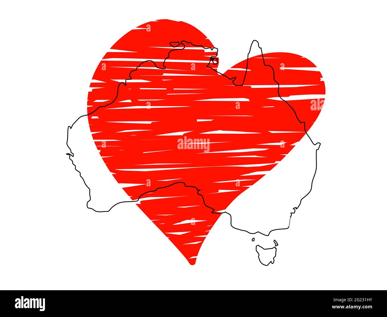 Enregistrer l'illustration de l'Australie. Contour continent Australie avec un coeur rouge d'esquisse isolé sur fond blanc. Affiche de soutien pour les bénévoles Illustration de Vecteur