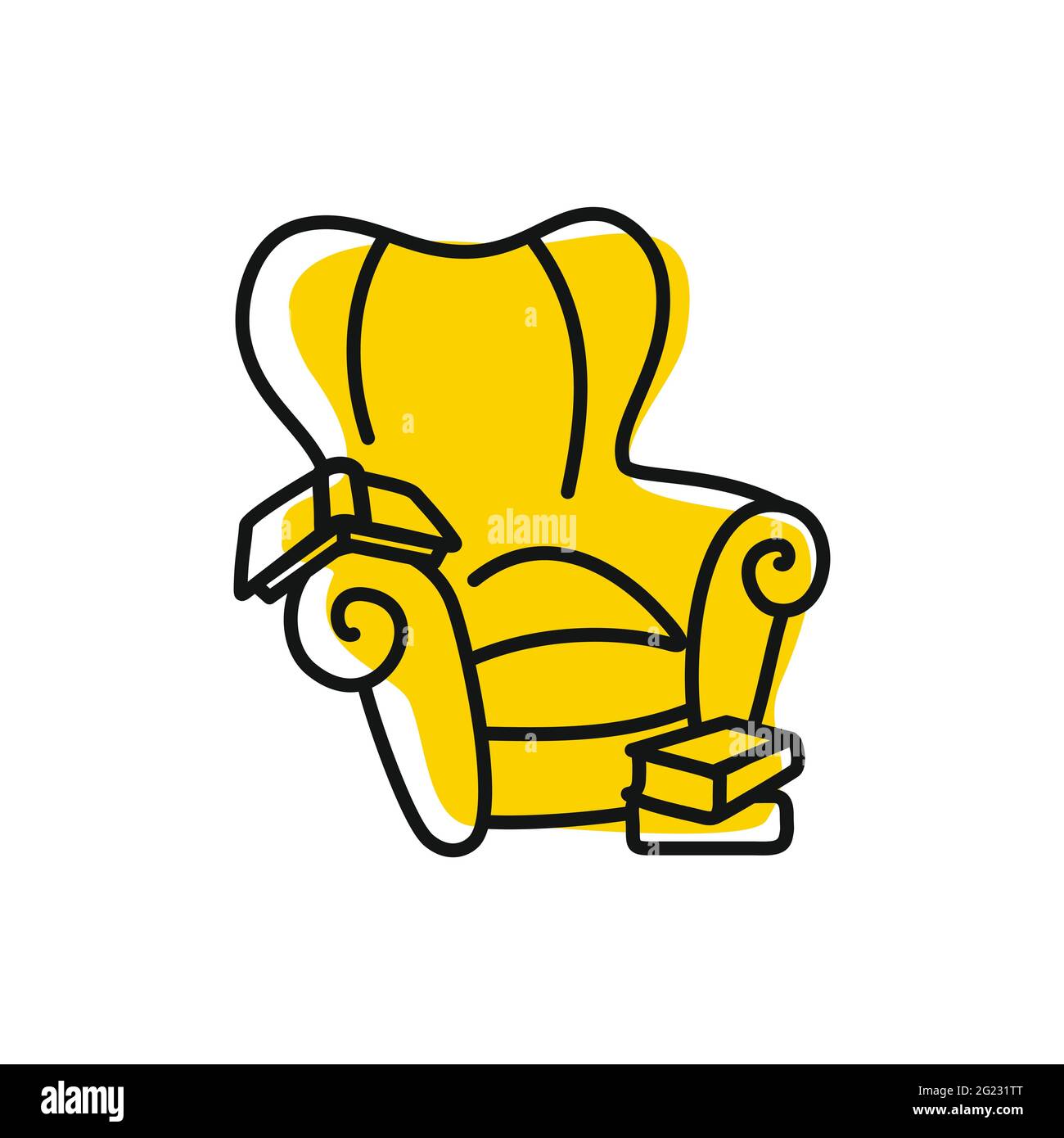 Icône d'une chaise confortable avec des livres. Contour fauteuil isolé sur fond liquide blanc jaune. Ligne de signalisation repos, travail à la maison, confort, éducation, séjour h Illustration de Vecteur