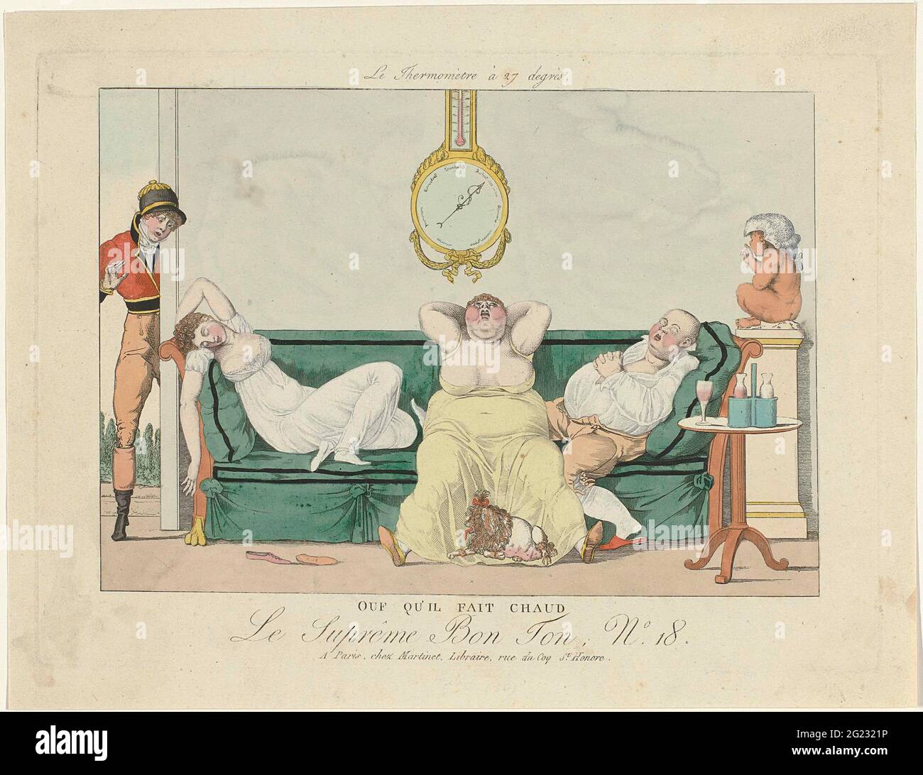Le Supreme bon ton, 1800-1815, n° 18: Ouf qu'il fait chaud. Deux femmes et  un homme sont à moitié derrière un canapé sur un canapé. À l'angle, un  jeune homme regarde l'entreprise.