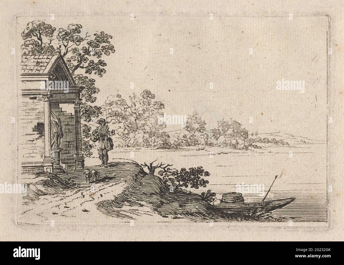Chapelle à la vue; trois paysages. Sur un lac se trouve une chapelle battue. À la chapelle, un homme avec un chien est un bateau sur le front de mer. Banque D'Images