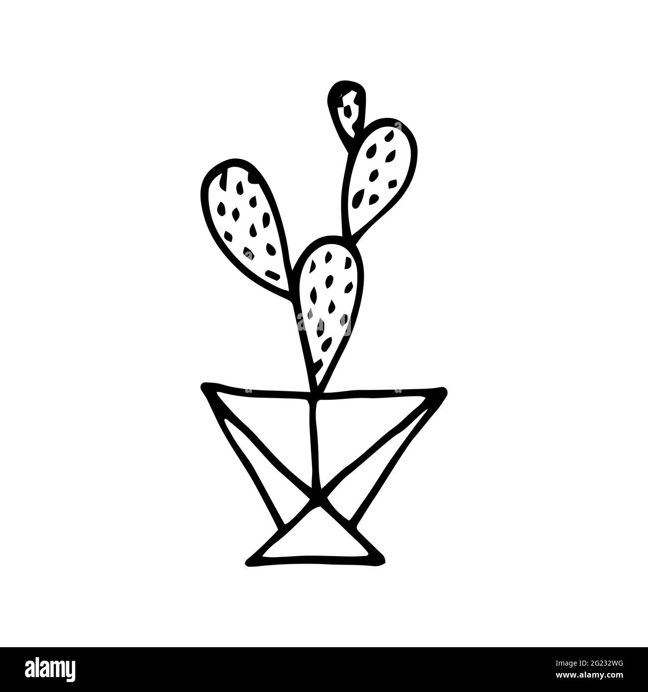 Doodle Cactus dans un pot à facettes. Mignon succulent avec un pot de fleurs en polyéthylène. Contour noir d'une plante d'origine isolée sur un fond blanc Illustration de Vecteur