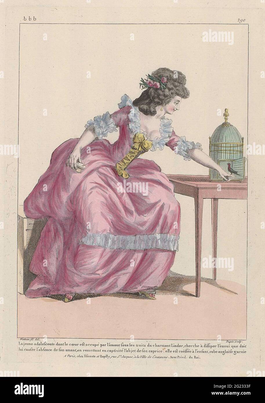 Galerie des modes et costumes English, 1785, BBB 290: La Jeune adolescent  (...). Selon la légende, la jeune femme est amoureuse de la charmante  Lindor et cherche la distraction pour l'oublier. Elle