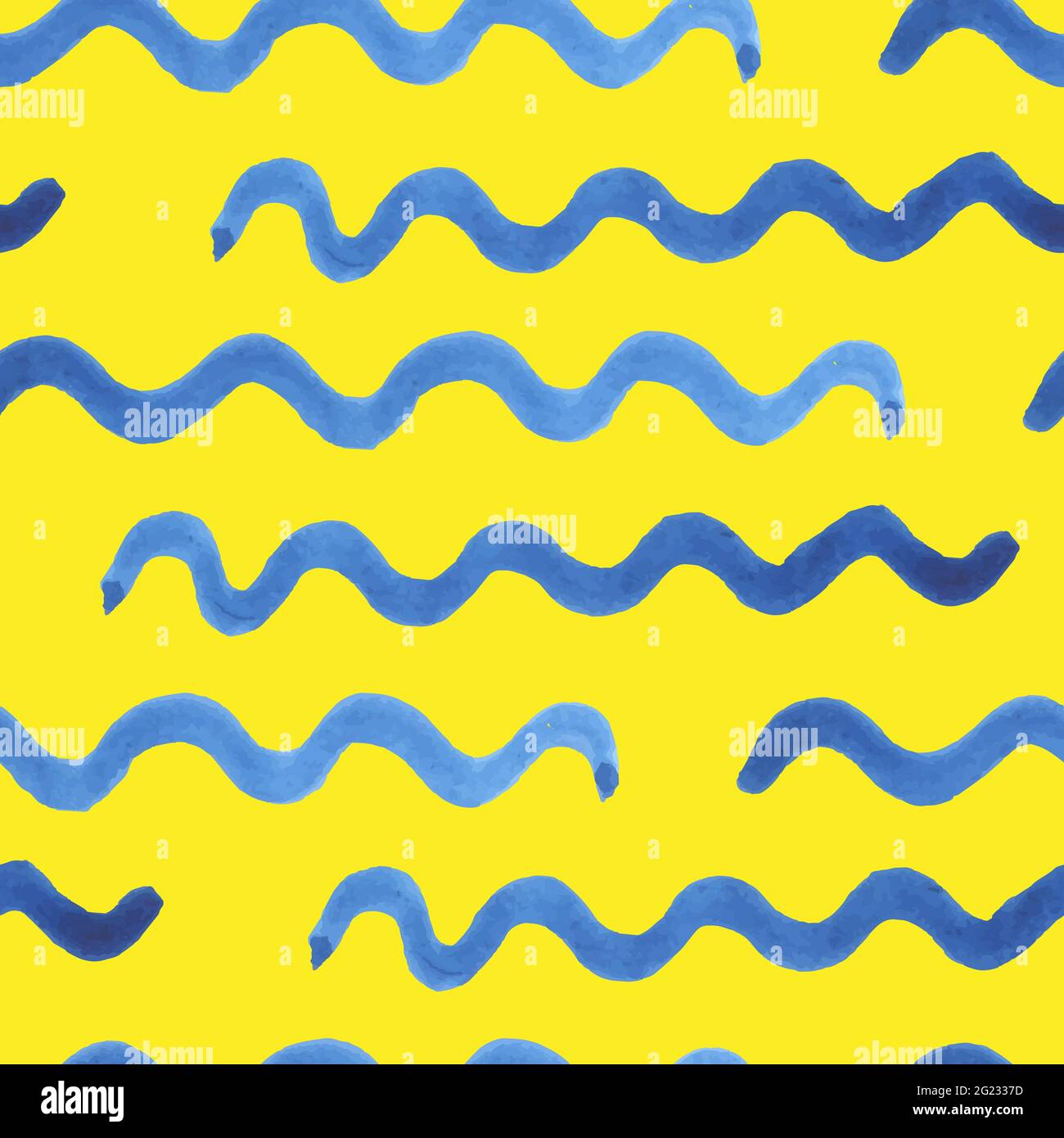 Motif vectoriel sans couture aquarelle. Traits bleus de l'onde de peinture isolés sur fond jaune. Taches, éclaboussures, eau, océan, mer, ligne, rivière. Teinture par nouage Illustration de Vecteur