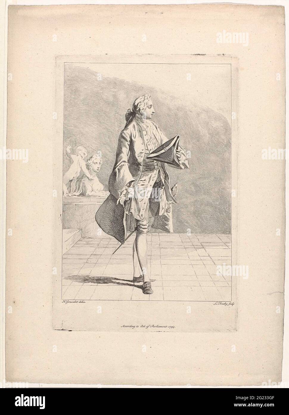 Mode et élégance: À la mode Mesdames et Messieurs des années 1740. Au début du XVIIIe siècle, de petites séries de plaques de costume ont fait état de la mode du jour. Les femmes portaient la robe volante ample, également appelée « robe à dos de sac » en anglais, sur laquelle les femmes ajoutaient parfois un manteau à capuche court, connu sous le nom de bagnolette. Hommes vêtus de longs manteaux sur un gilet et une culotte-genou. Les perruques à queue de porc étaient ornées de gros noeuds, et les chapeaux tricorne étaient rangés sous le bras plutôt que portés sur la tête. Les deux grands tirages d'environ 1760 montrent les Parisiens dehors pour une promenade. Curieusement, le va Banque D'Images