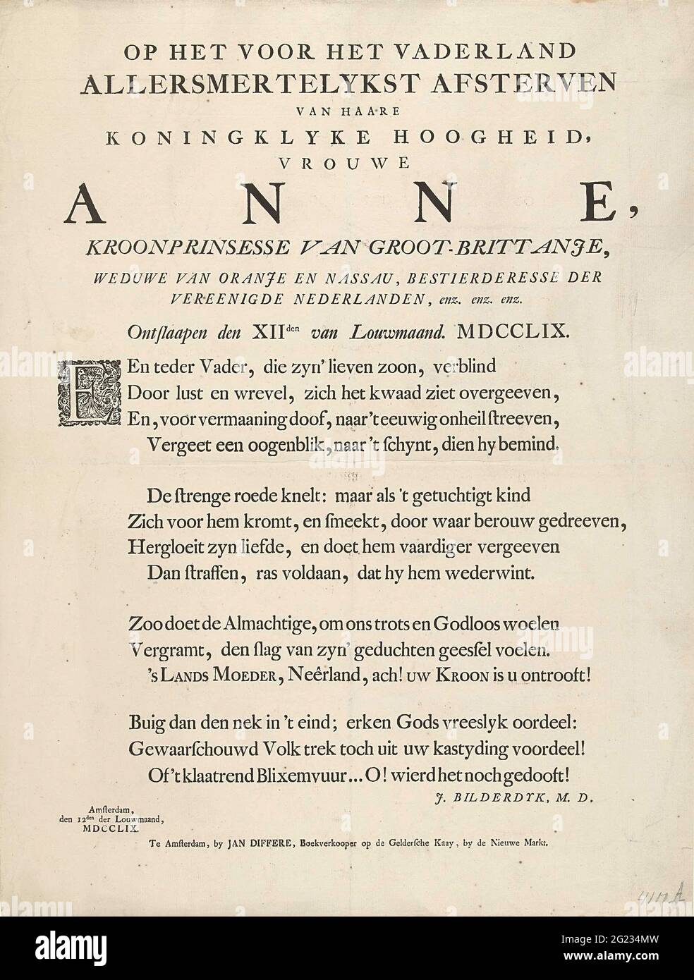 Poème sur la mort de la princesse Anna, 1759; sur les Dies de Haarlen  Koningsklyke Altesse pour le Fatherland Allersmertelykst, Lady Anne (...).  Feuille de texte avec un Sonnet à la mort