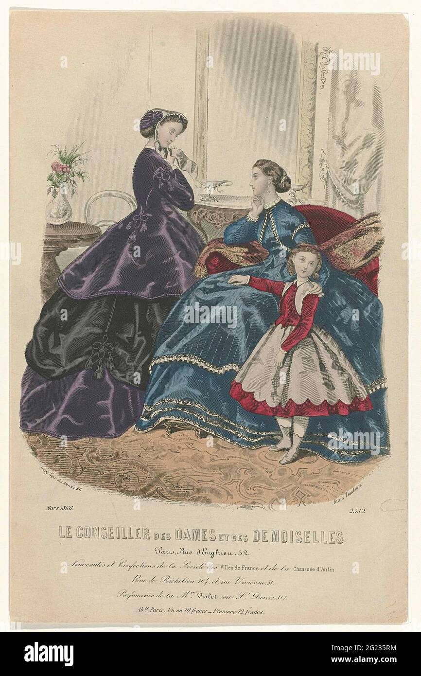Le Conseiller des Dames et des demoiselles, Mars 1866, no 2552: Nouveaux et  confests (...). Deux femmes et un enfant à l'intérieur. L'un d'eux  strictement les rubans de son chapeau. Elle porte