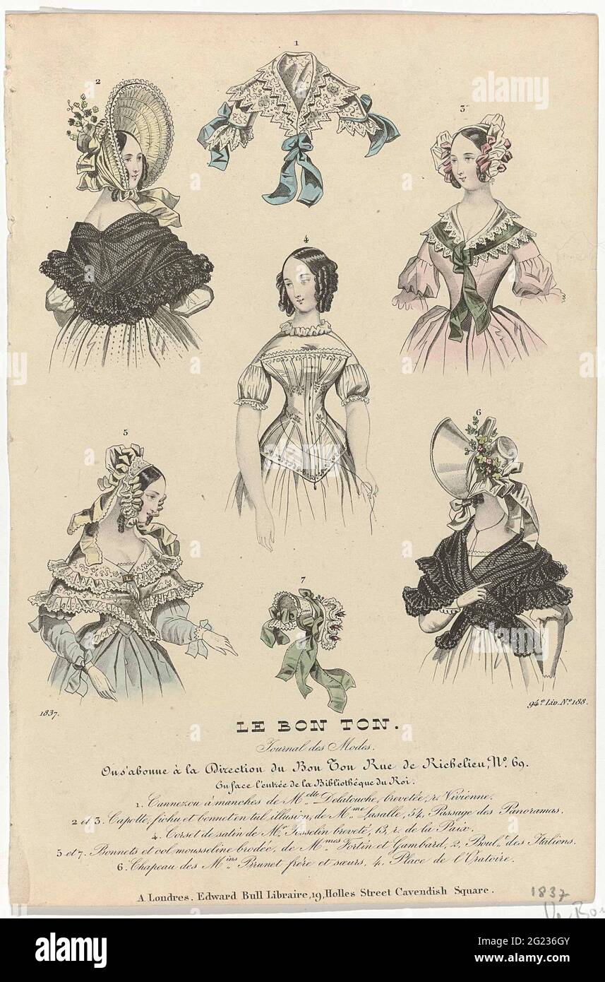 Le bon ton, Journal des modes, 1837, 94e Liv. Non 188: 1. Cannezou à  Manches (...). Cinq femmes légèrement, un chapeau et un collier, numéroté de  une à sept. Selon la légende :
