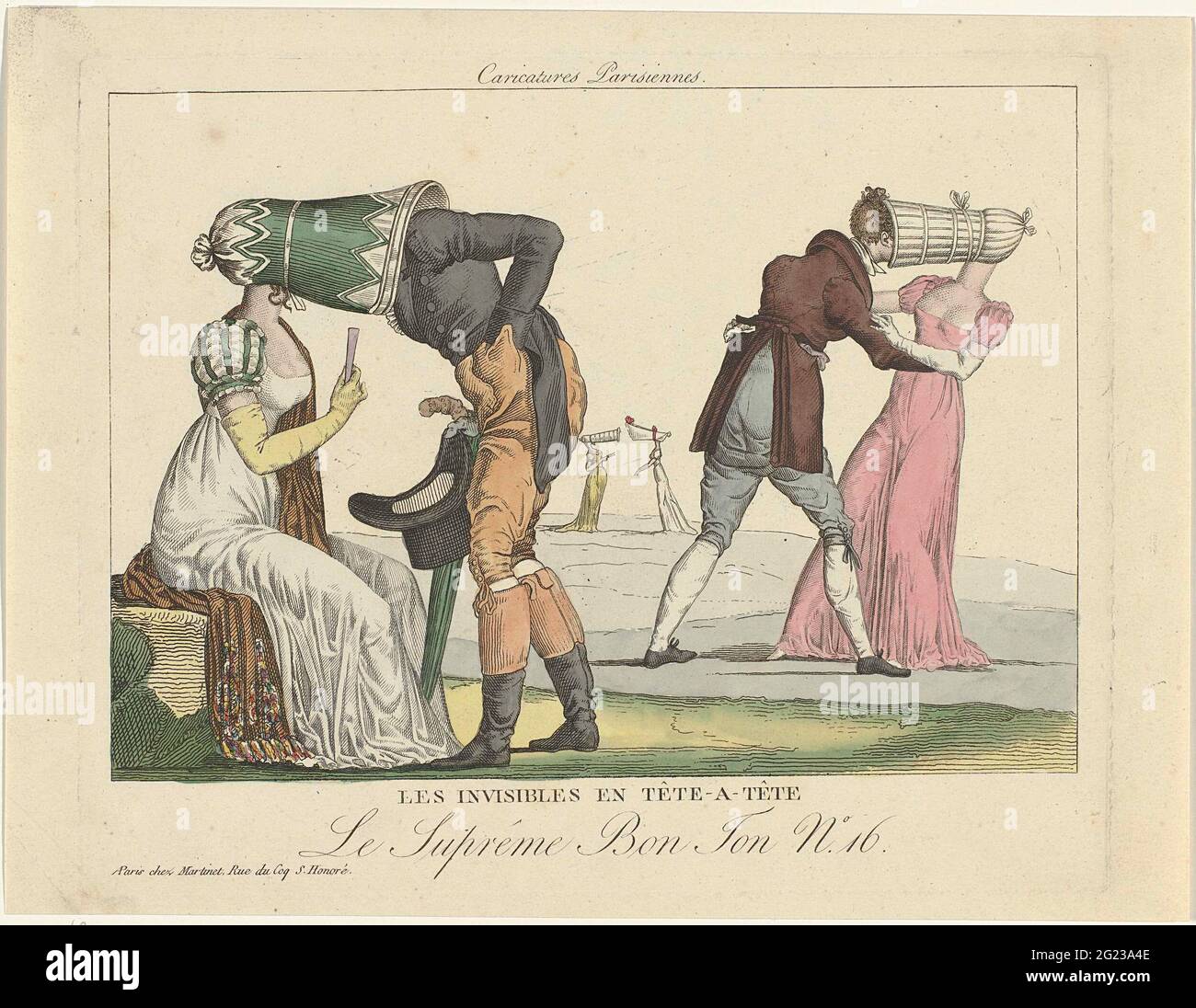 Le Suprême bon ton, caricatures parisiennes, 1800-1815, No.16: Les  invisibles et tête-A-tête .. Caricature sur les grands chapeaux d'auvent  qui étaient à la mode autour de 1800-1815. Deux revêtements à la mode,