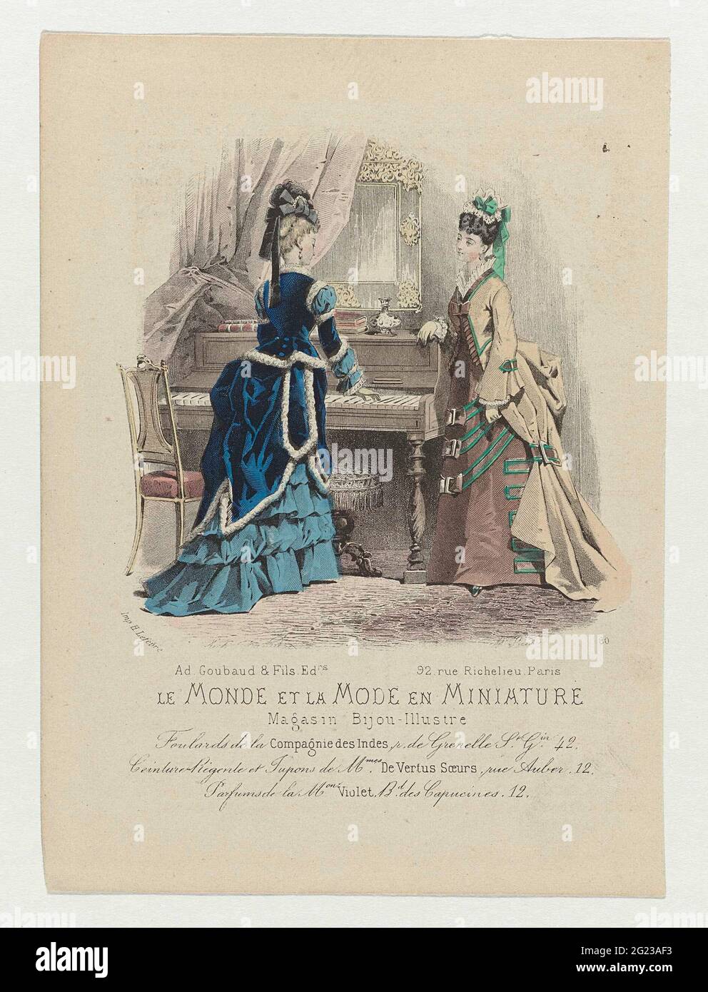 Le monde et la mode et miniature, 1873, n° 80 : foulards de la Compagnie  des Indes (...). Deux femmes à l'intérieur, vêtues de robes à la bourre,  faites de tissus de