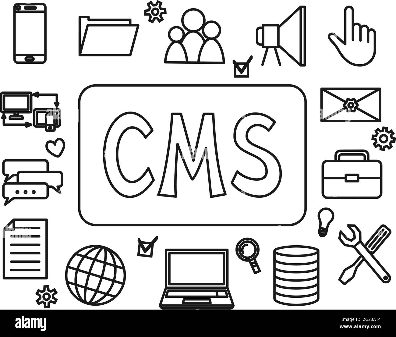 Bannière noir et blanc du système de gestion de contenu CRM. Illustration vectorielle monochrome pour le site, l'affiche, la brochure, l'icône ou le jeu d'éléments. Illustration de Vecteur