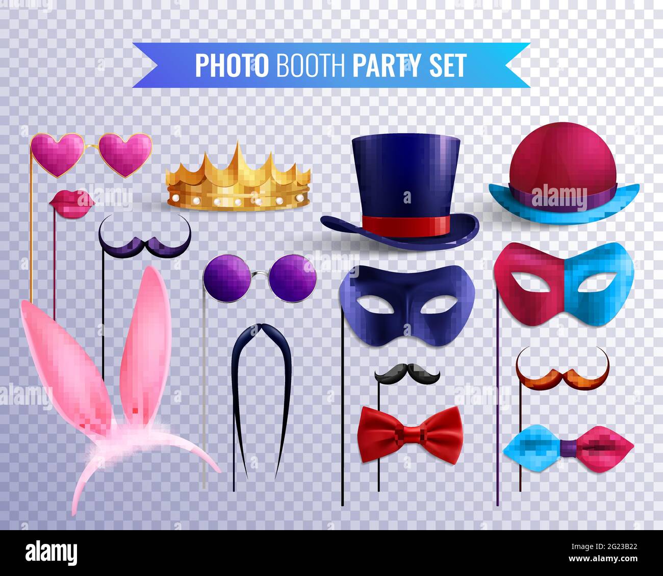 Photocabine fête ensemble transparent d'autocollants isolés masques et illustration vectorielle des chapeaux avec moustache et lunettes Illustration de Vecteur