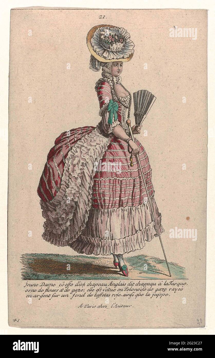 Galerie des modes et costumes English, 1785, No. 21, No. 41, Copy to V 123:  Jeune Dame coeffé d'un chapeau anglais (...). Jeune femme marchant à  droite, vêtue d'une robe à la