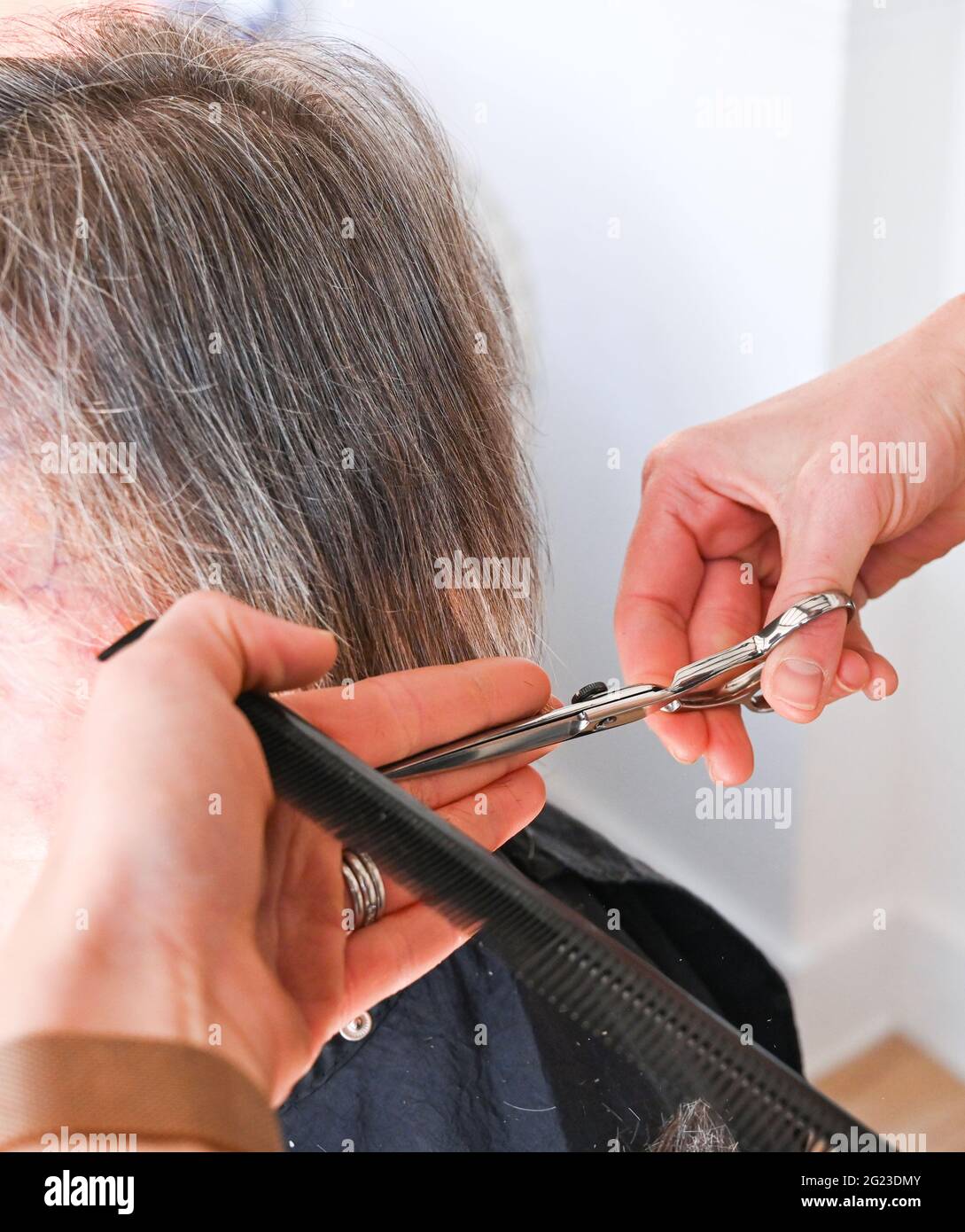 La femme retraité de la vieillesse dans ses années 80 a ses cheveux coupés et stylisés par coiffeur Banque D'Images