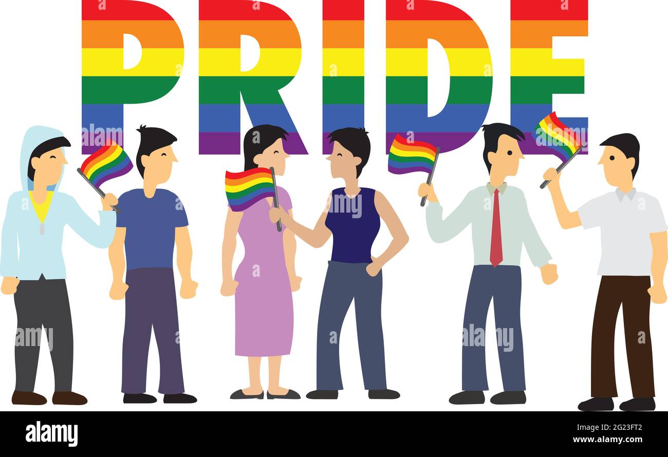 Drapeau arc-en-ciel LGBT avec personnages de dessin animé. Symbole de la communauté LGBT. Concept de LGBT, égalité et diversité. Illustration de Vecteur