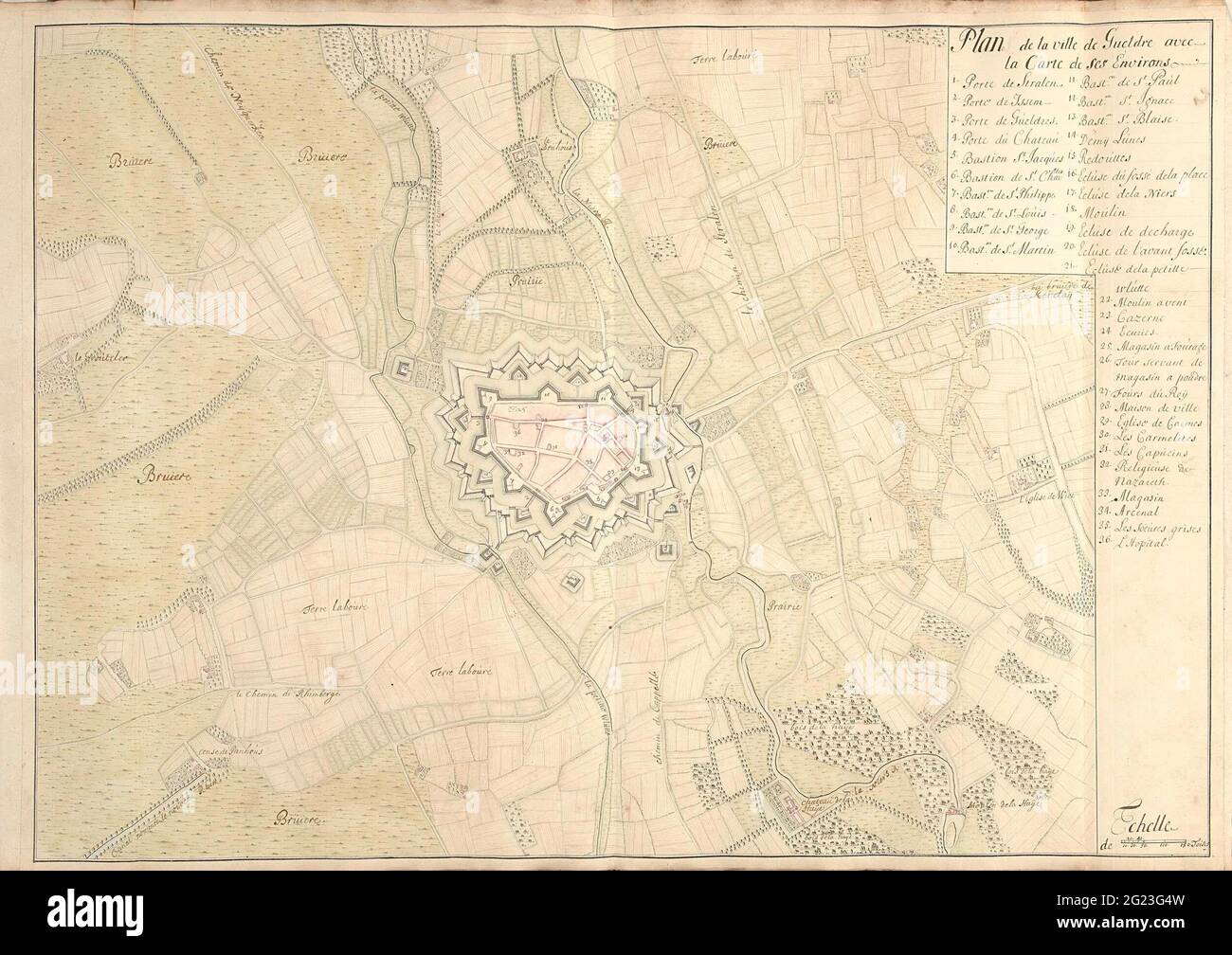 Carte de Geldern, ca. 17011715; Plan de la ville de Gueldre avec la carte de ses environs
