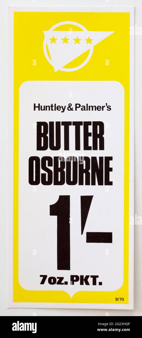 Étiquettes d'affichage des prix de la publicité des magasins des années 1970 - Huntley et Palmer Butter Osborne Banque D'Images