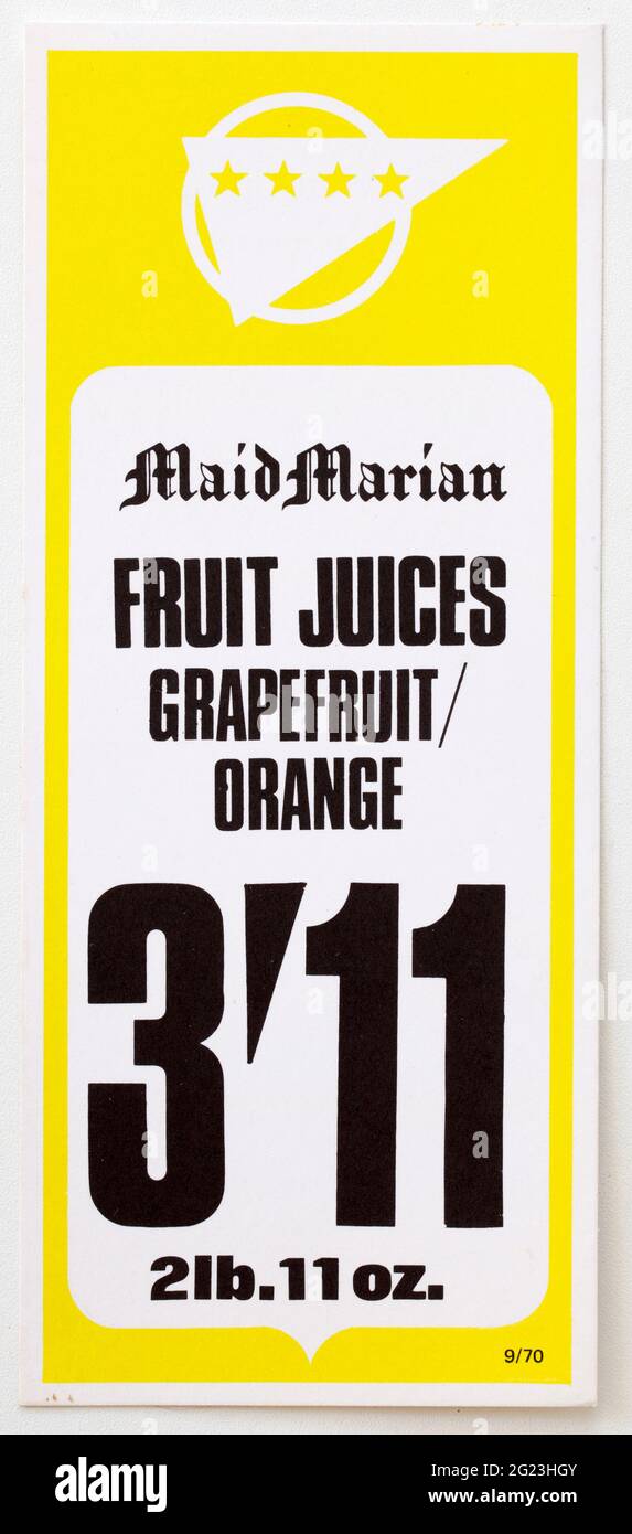 1970 Shop Publicité Prix Afficher étiquette - Maid Marian jus de fruits Banque D'Images