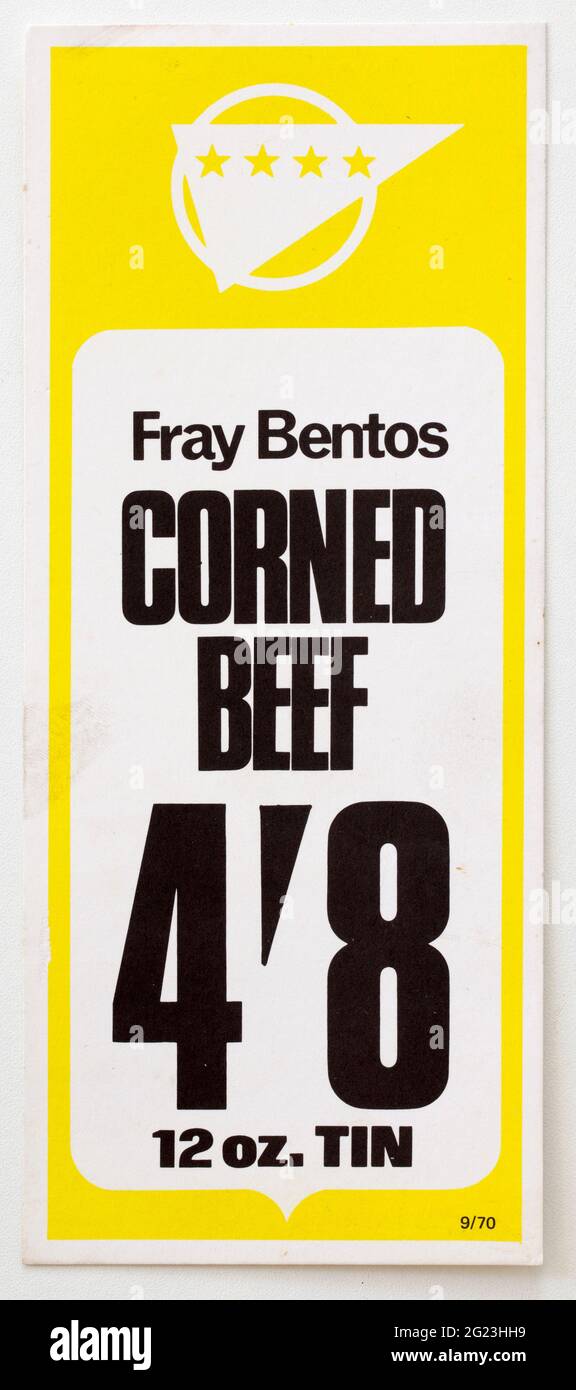 Étiquettes d'affichage des prix publicitaires des années 1970 - bœuf corné Banque D'Images