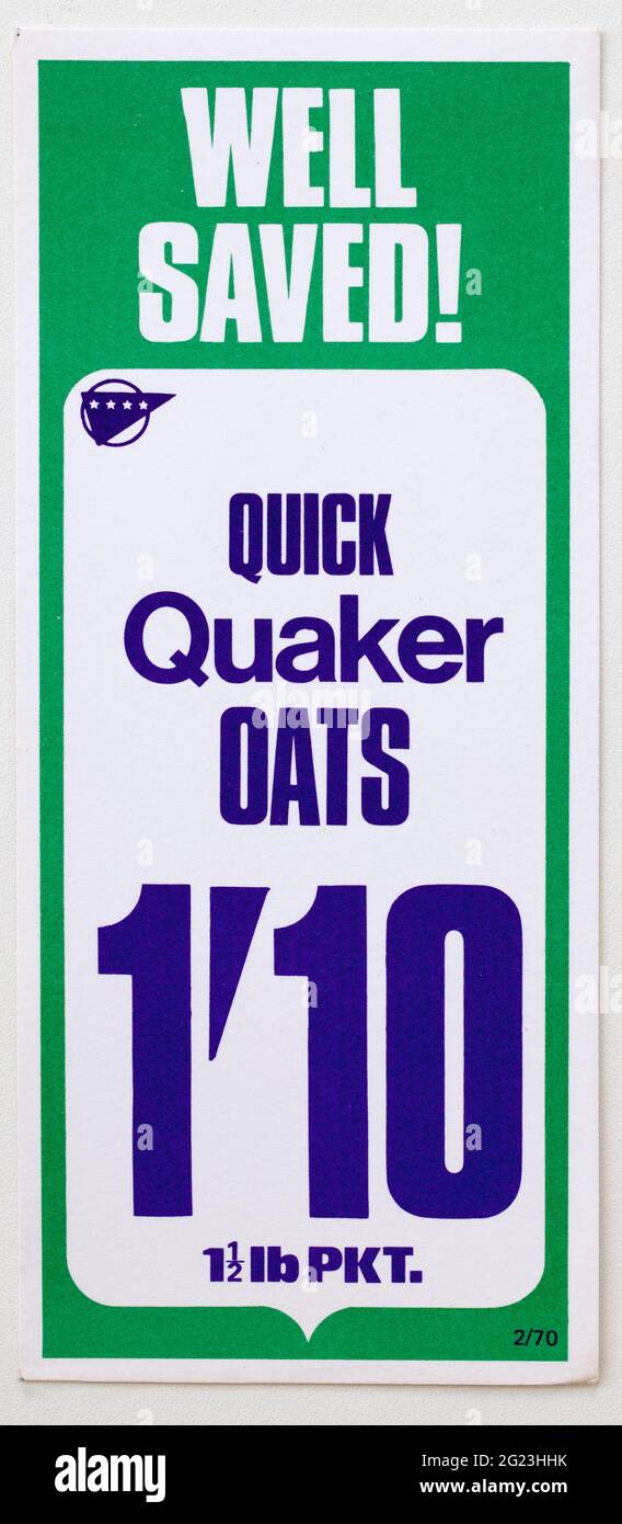 Étiquettes d'affichage de prix de la publicité de magasin des années 1970 - porridge Quaker Oats Banque D'Images