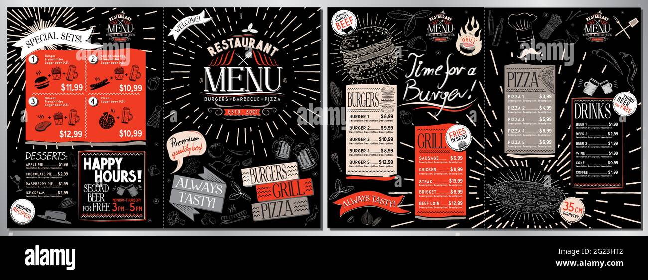 Modèle de menu du restaurant grill - carte A4 (hamburgers, grillades, pizzas, boissons, desserts) Illustration de Vecteur