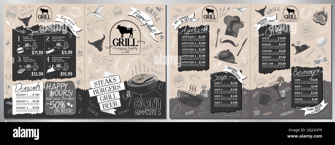 Steak House, carte de menu du grill - format A3 à A4 (hors-d'œuvre, grill, soupes, boissons, ensembles) Illustration de Vecteur
