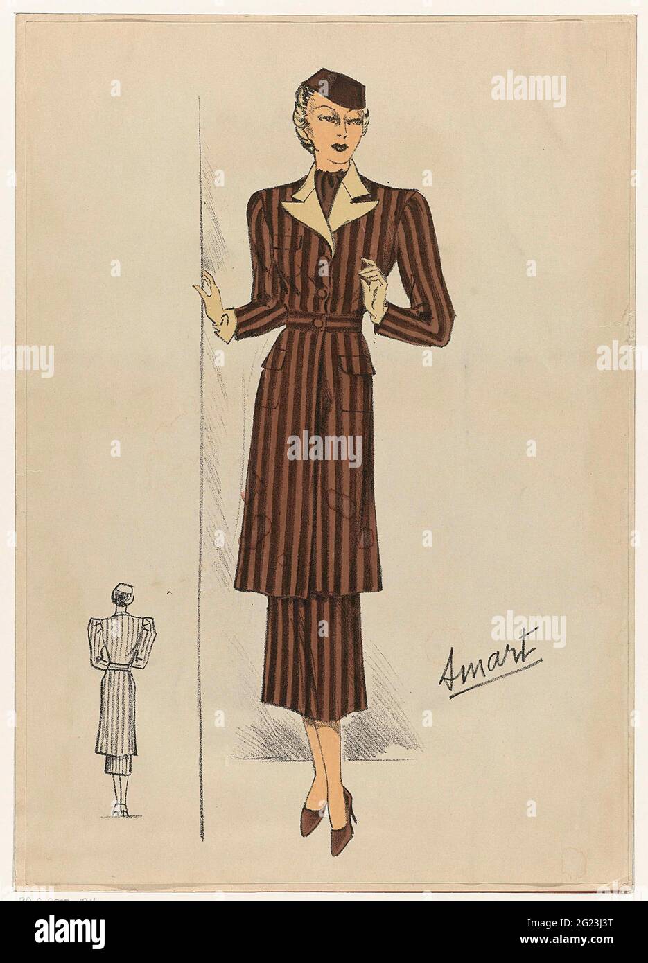 Femme en veste et jupe longue à rayures, ca. 1930. femme debout, vue du  devant, dans un ensemble d'une longue veste et jupe à rayures. Accessoires  : chapeau sans bordure, gants et
