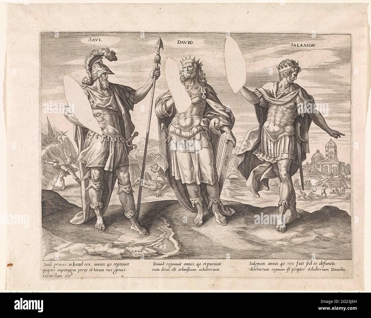 Saül, David et Salomon; Rois de Juda; Thésaurus Sacrarum historiarum  Veteris Témenti (...). Les rois Saül, avec la lance en main, David, avec la  harpe en main et Salomon. En arrière-plan des