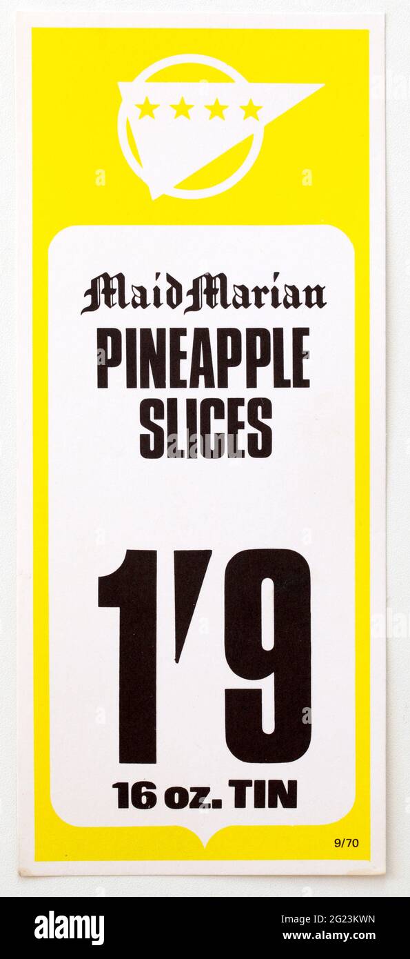 1970 Shop Publicité Prix Afficher étiquette - Maid Marian Pineapple Slices Banque D'Images
