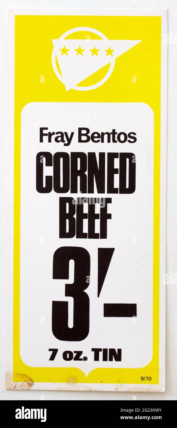 1970 Shop Publicité Prix Afficher étiquette - Fray Bentos corned Beef Banque D'Images