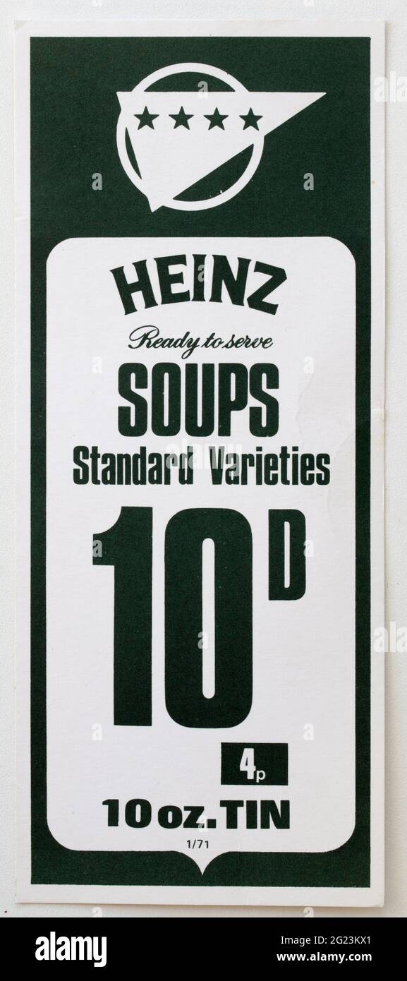Étiquettes d'affichage des prix publicitaires des années 1970 - soupes Heinz Banque D'Images