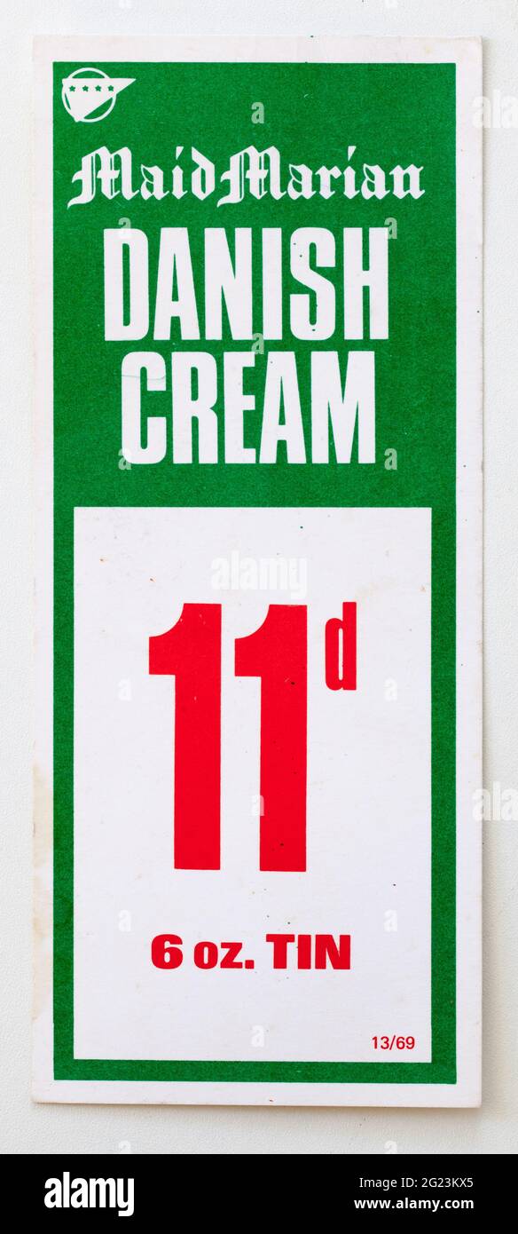 1970 Shop Publicité Prix Afficher étiquette - Maid Marian crème danoise Banque D'Images
