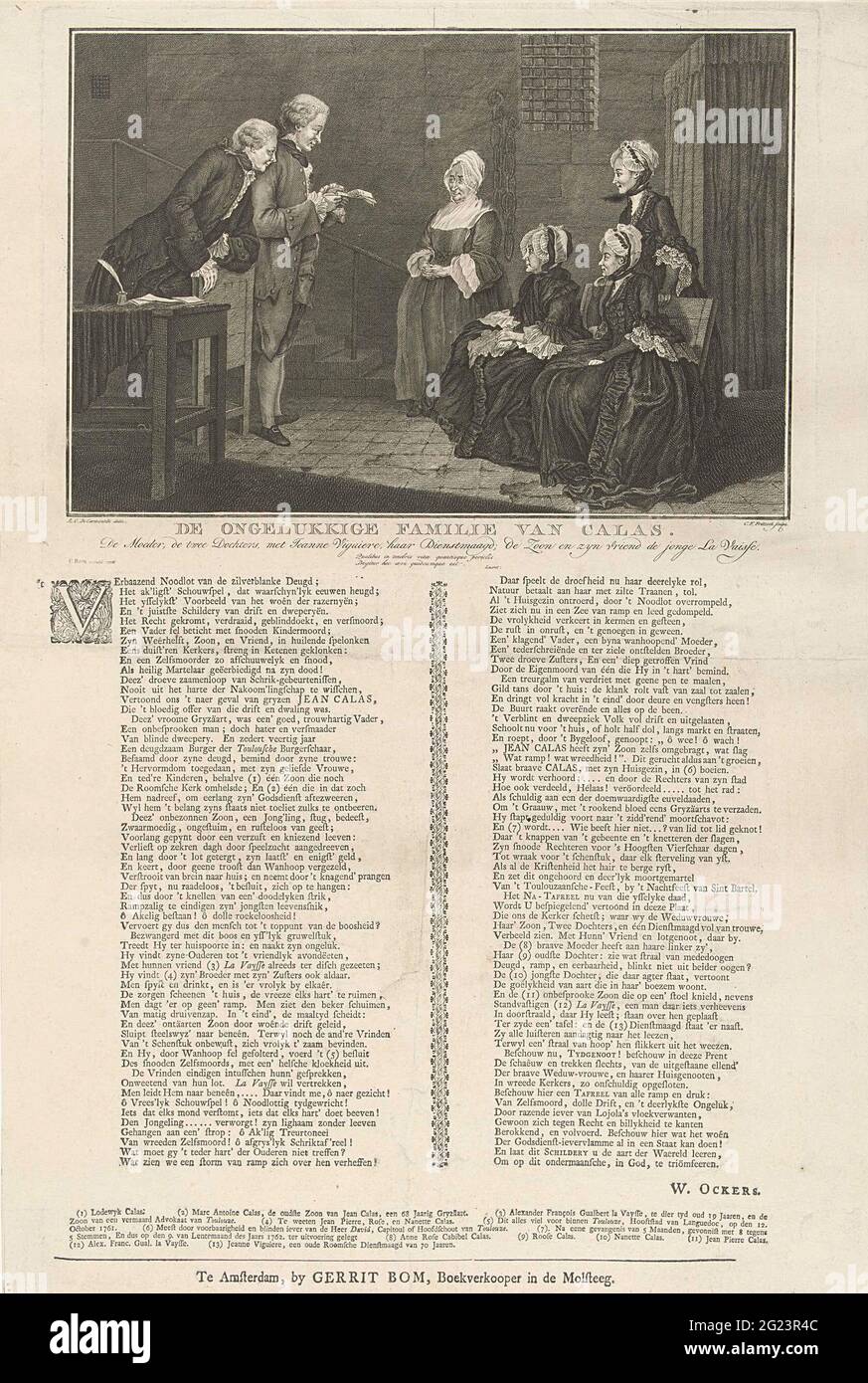 Famille de Calas en prison; la malheureuse famille de Calas. Le marchand français Jean Calas de Toulouse a été faussement accusé de meurtre de son fils de 30 ans en 1761. Calas (calviniste) aurait été tué parce qu'ils voulaient se repentir au catholicisme. Sa famille, dont Voltaire s'est agrandie, est en prison ici. Sur la droite, mère assise et fille la plus ancienne, derrière cette fille est la plus jeune. Le deuxième fils soutient gauche sur une chaise et se tient à côté de M. la Vaysse qui lit un document dont la famille Hoop a mis. La femme de service écoute les escaliers. Calas était encore mis à mort Banque D'Images