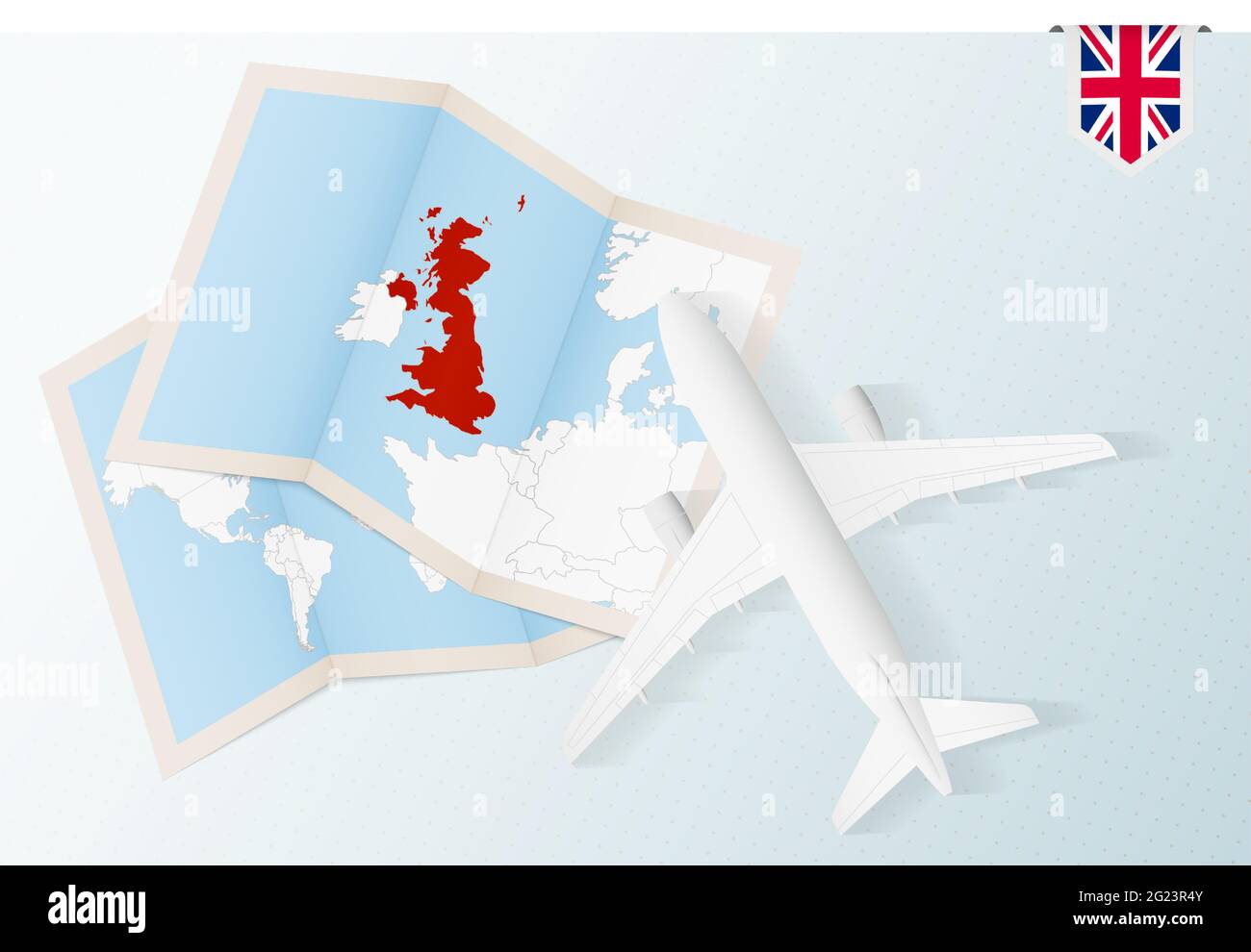 Voyage au Royaume-Uni, vue du dessus de l'avion avec carte et drapeau du Royaume-Uni. Design de bannière de voyage et de tourisme. Illustration de Vecteur