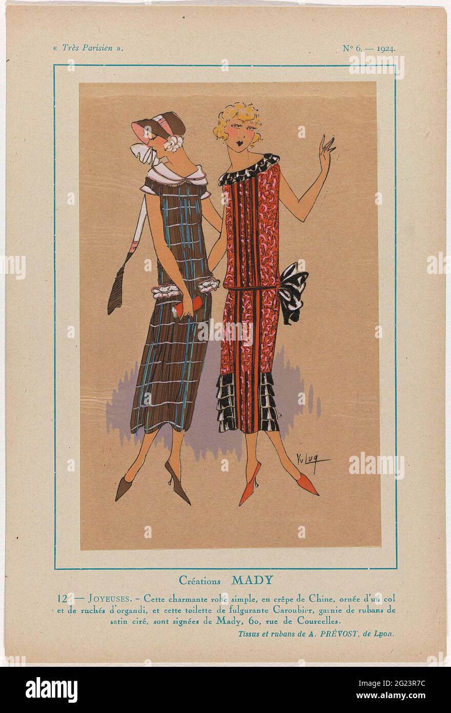 Paris, 1924, n° 6: CRÉATIONS MADY / 12.- JOYEUSES. - Cette de charme Rob  (...). Mady designs. Robe en crêpe, ornée d'un col et de volants d'Organdi.  'Toilette' de 'Fulgurante Caroubier', surmontée