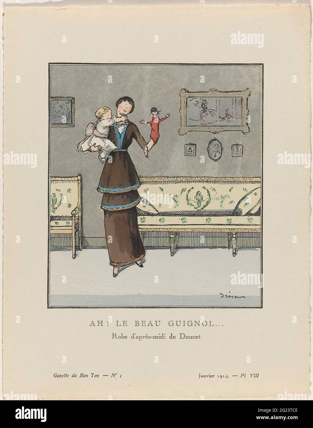 Gazette du bon ton, 1914 - n° 1, pl. VIII: Ah! Le beau Guignol (...) / Robe d'après-midi le Doucet .. Une femme avec un enfant au bras et une poupée de marionnettes à la main, vêtue d'un jus d'après-midi de velours brun, taillé de soie bleue, de Doucet. Elle se tient dans une porte intérieure avec un canapé et un fauteuil contre le mur. Peintures sur le mur. PLANCHE VIII de la Gazette du bon ton 1914, no 1. Explication sur les vêtements à la page 'explication des planches Banque D'Images