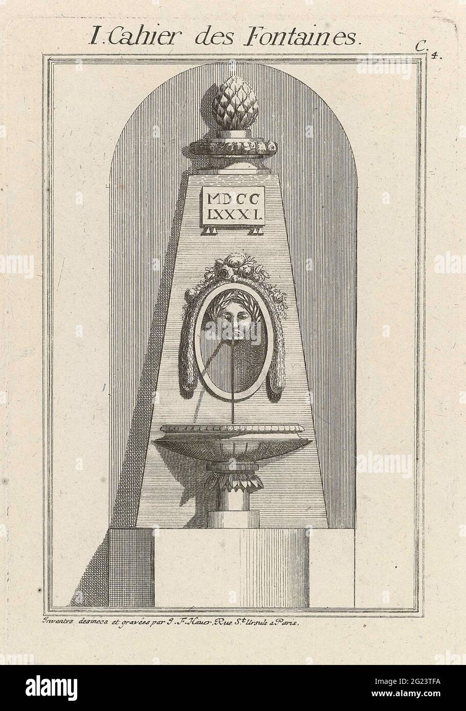 Fontaine avec une tête primée de couronne de Laurier; I Cahier des Fontaines; Dessoints de la mode Neuve au gout Antique (...). Conception d'une fontaine avec une tête de baie-adjugé de laquelle l'eau s'écoule dans un bassin. Banque D'Images