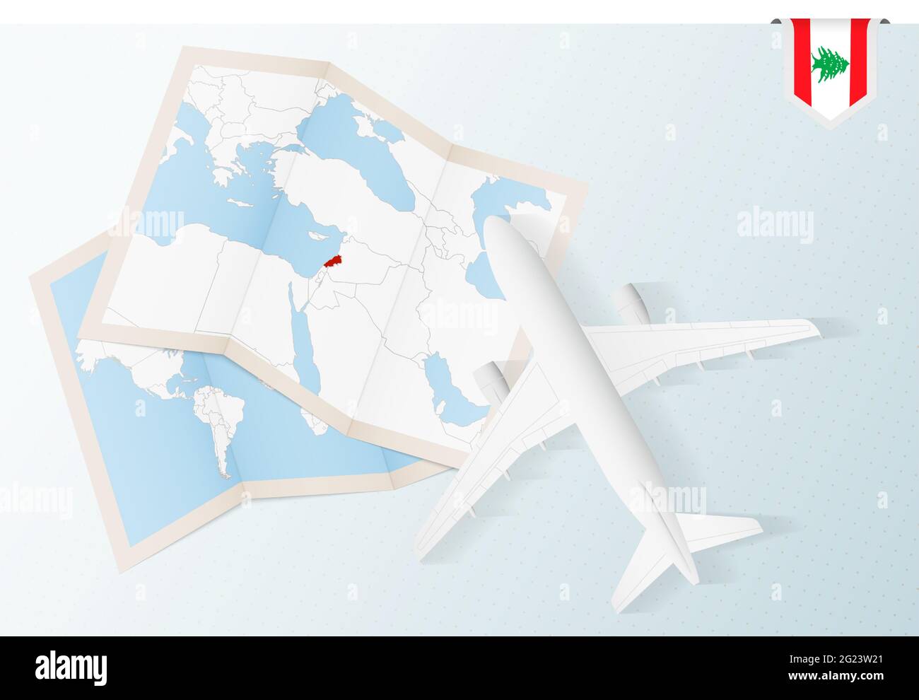 Voyage au Liban, avion avec vue de dessus avec carte et drapeau du Liban. Design de bannière de voyage et de tourisme. Illustration de Vecteur