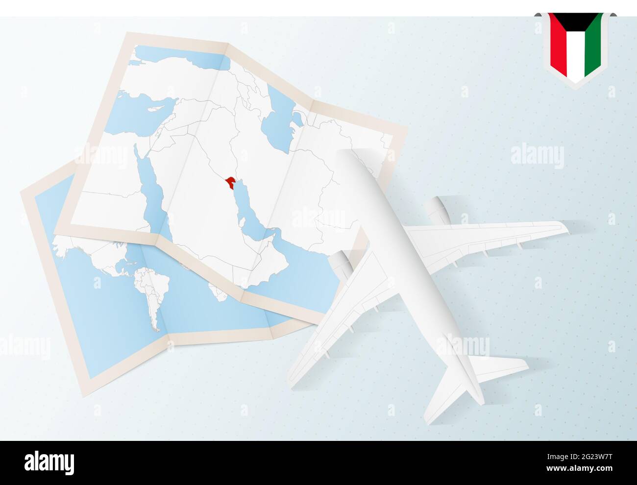 Voyage au Koweït, avion avec vue de dessus avec carte et drapeau du Koweït. Design de bannière de voyage et de tourisme. Illustration de Vecteur