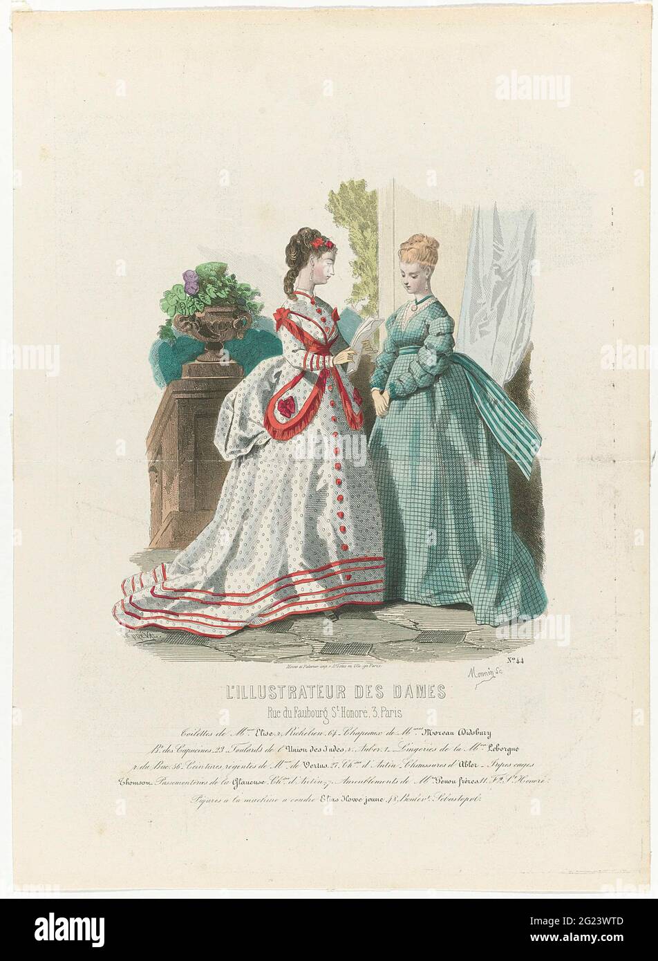 L'illustre des Dames, ca. 1870, n° 44: Toilette de Mme Elis (...). Deux  femmes sont sur une plate-forme habillée en Elise et portent des chapeaux  de Mmes Moreau dibury. Les tissus sont