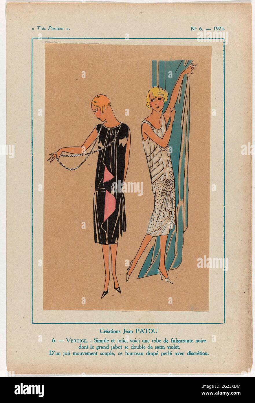 Paris, 1925, n° 6: Créations Jean Patou / 6. - la peur. - simple et Jolie,  ... Conception de Jean Patou. Robe noire avec grand jabot doublé de satin  violet. Fourreau avec