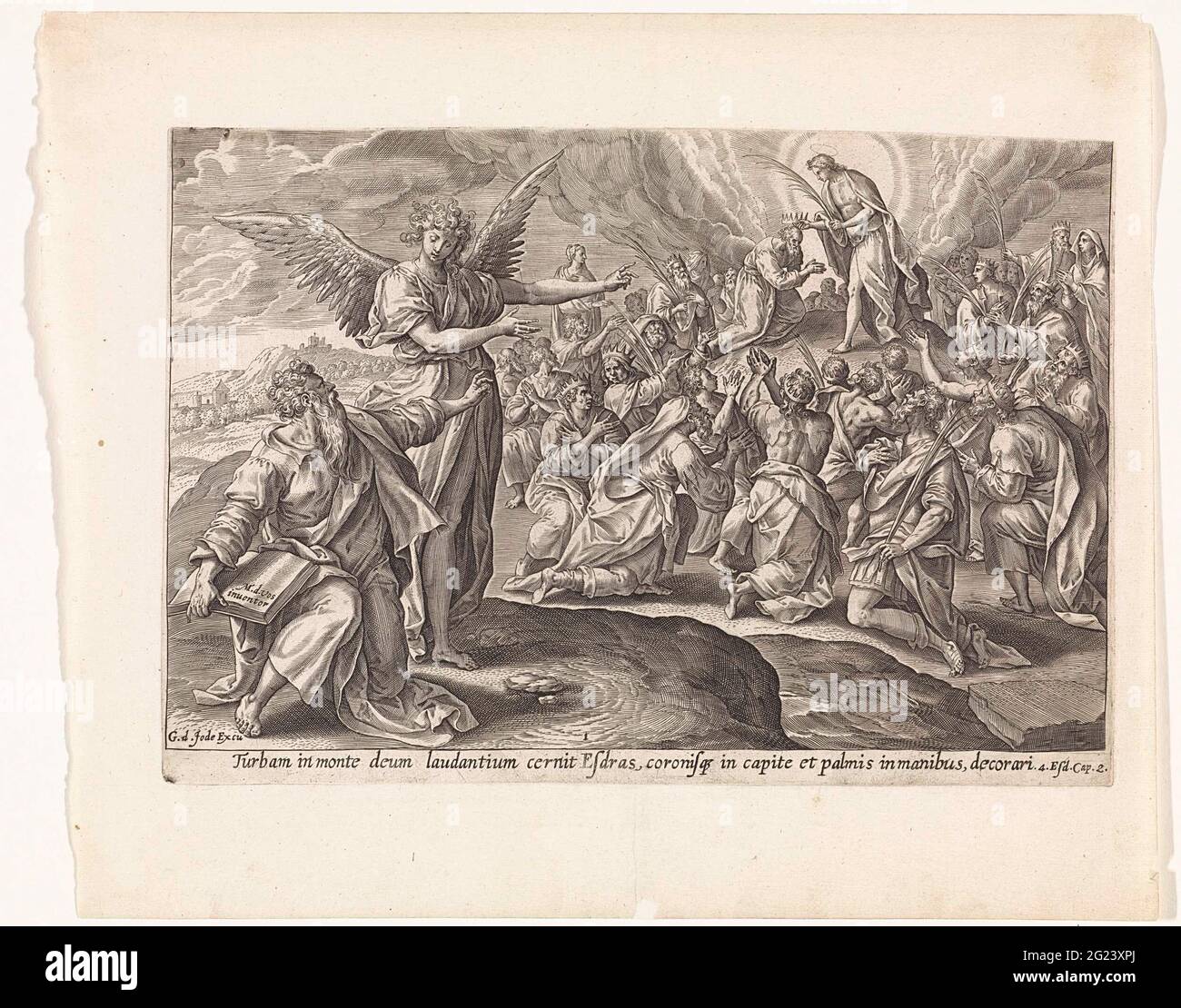 Première vision d'Ezra: Le fils de Dieu couronne la foule; visions d'Ezra; Thesaurus Sacrarum historiarum Veteris Témenti (...). Ezra est au premier plan sur la droite et est pointé vers une vision par un ange. Ezra voit le fils de Dieu sur la montagne Sion, que le peuple couronne et leurs branches de palmier. Sous la montre une référence en latin au texte de la Bible Apocrypha dans 4 Ezra 2. Banque D'Images