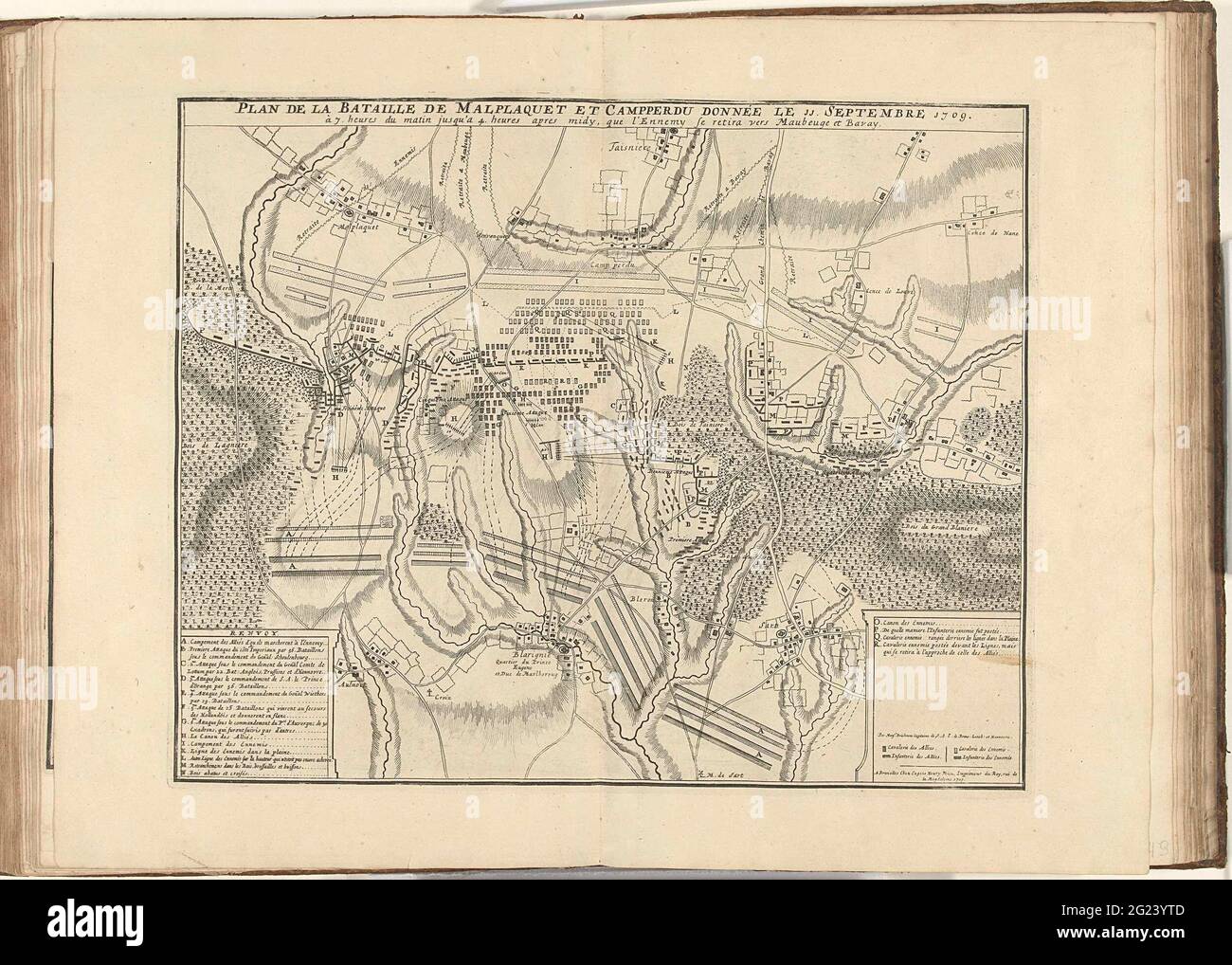 Bataille de Malplaquet, 1709; Plan de la bataille le Malplaquet et Campperdu Donnée le 11 septembre 1709. Bataille de Malplaquet, entre les alliés du duc de Marlborough et le prince de Savoye et les Français, 11 septembre 1709. En bas à gauche de la légende A-N en français. Partie d'une collection groupée de plans de batailles et de villes célèbres dans la guerre de succession espagnole. Banque D'Images