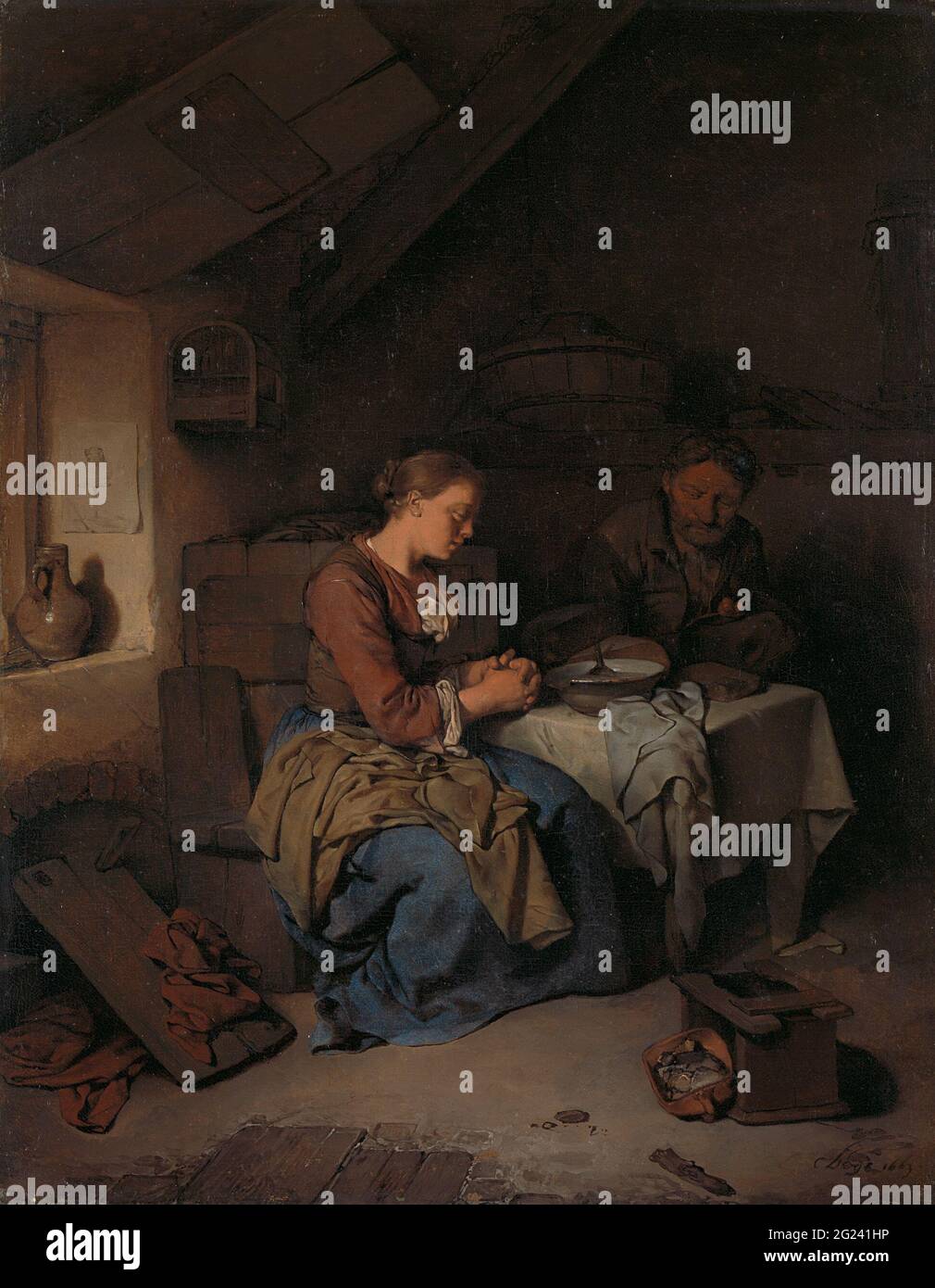 Dire grâce. Assis à une table dans un intérieur dégarni, un homme âgé et une jeune femme prient avant leur repas. Thepainting contient une leçon que de nombreux protestants hollandais ont apprise au genou de leur mère : que vous soyez pauvre, malade ou en bonne santé, soyez reconnaissant pour tout ce que vous avez, car c'est un don de Dieu. Banque D'Images
