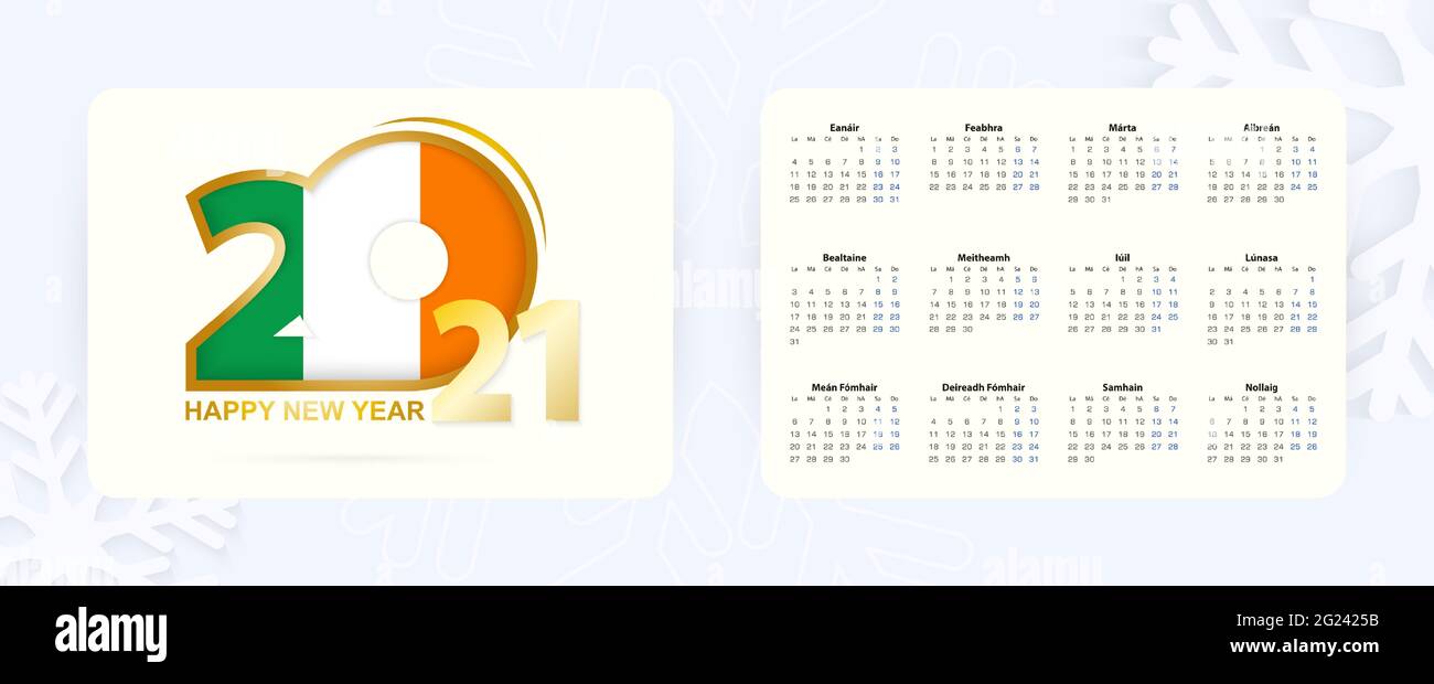 Calendrier horizontal de poche 2021 en irlandais. Icône nouvel an 2021 avec drapeau de l'Irlande. Calendrier vectoriel. Illustration de Vecteur