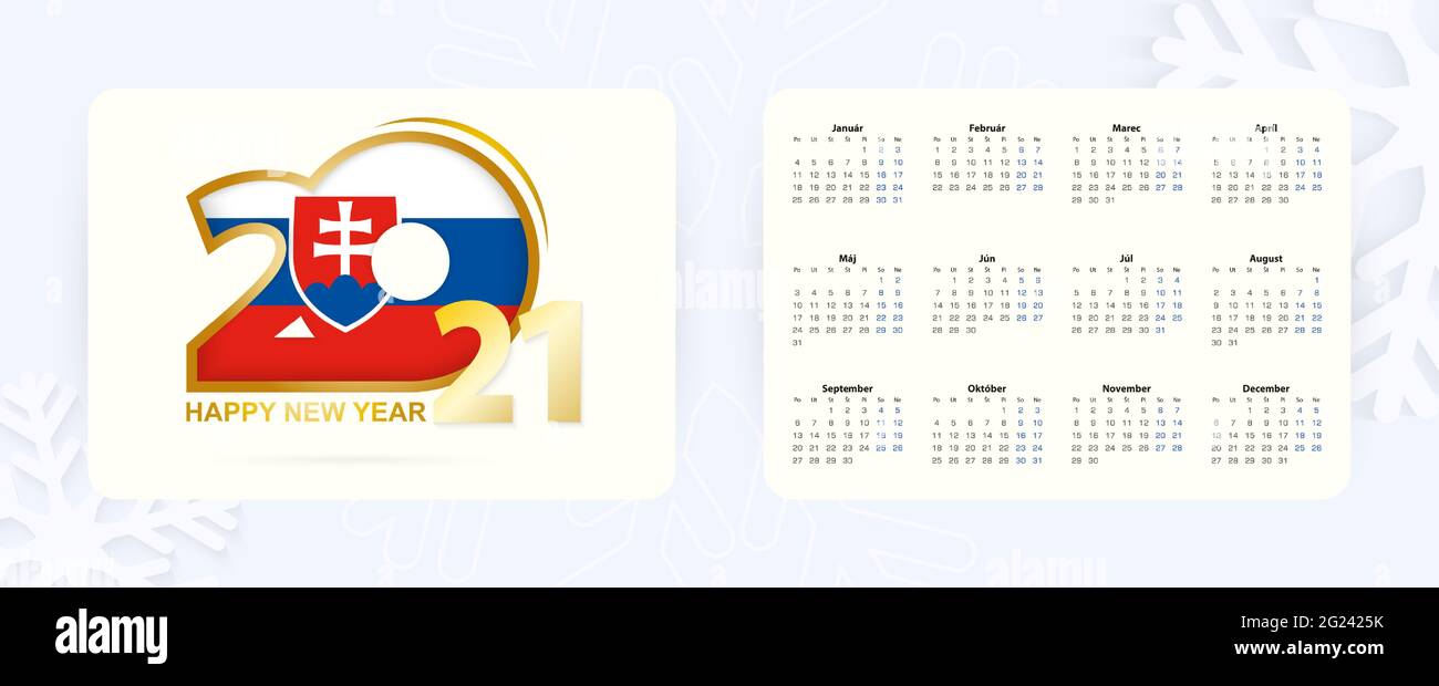 Calendrier horizontal de poche 2021 en langue slovaque. Nouvelle année 2021 icône avec drapeau de la Slovaquie. Calendrier vectoriel. Illustration de Vecteur
