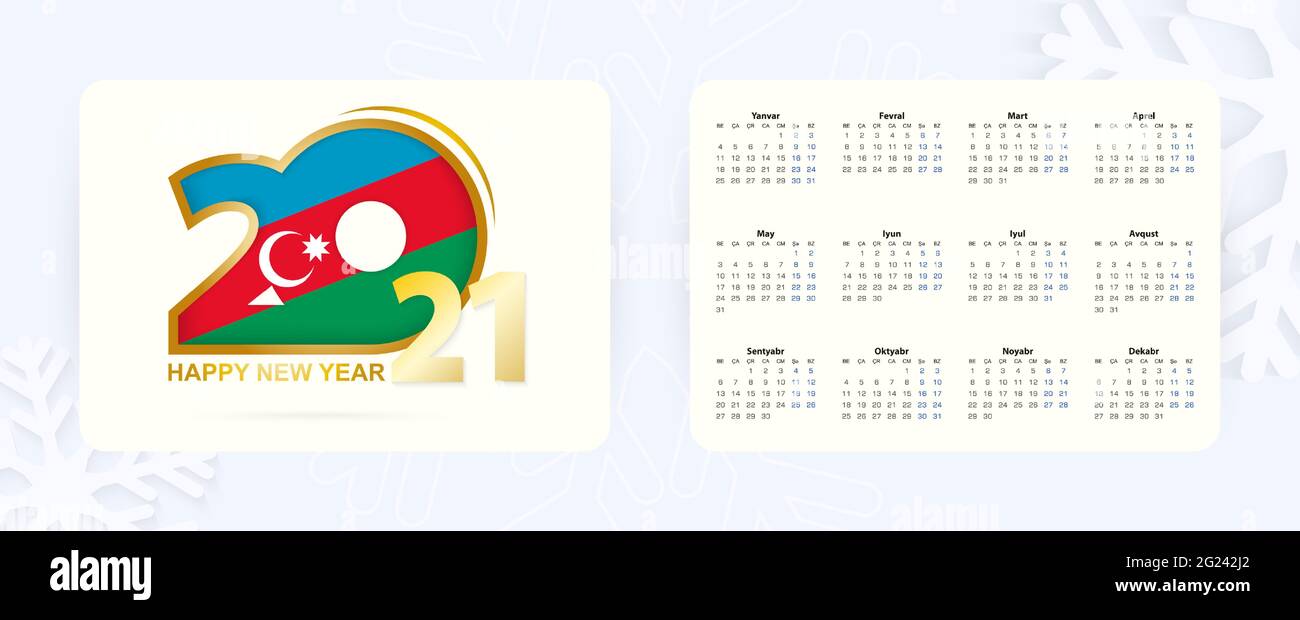 Calendrier horizontal de poche 2021 en langue azerbaïdjanaise. Nouvelle année 2021 icône avec drapeau de l'Azerbaïdjan. Calendrier vectoriel. Illustration de Vecteur