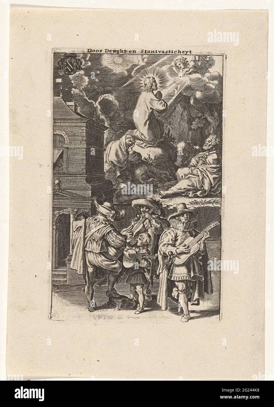 Christ dans le Hof van Getsemane et musicien Hovelings; par Deughe et Stantvasticht; leçons moralisantes pour hovelings. Le Christ est décrit comme un exemple de vertu et de fermeté, priant dans la cour de Getemane. Peter, John et James dorment autour de lui. Un ange apparaît du ciel avec un calice. Au premier plan, quatre hopelings de musglaçage, pour lesquels cet exemple est destiné. Au-dessus d'un blason de canon. L'imprimé a une description en néerlandais. Imprimer à partir d'une édition de livre dans laquelle une scène est toujours faite de la vie du Christ face à une situation mondaines. Banque D'Images