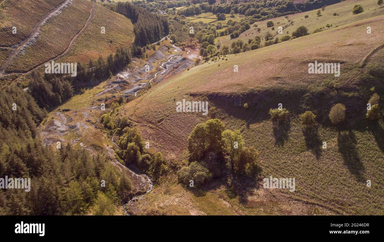 Vue aérienne de la mine de plomb de Nant y Bai, Rhandirmwyn, pays de Galles, Royaume-Uni Banque D'Images